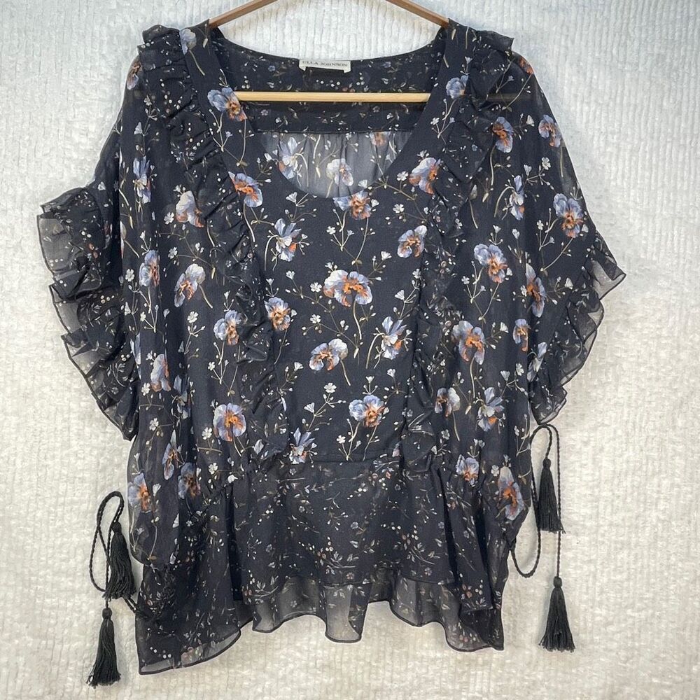 Ulla Johnson Midnight Floral Chiffon Lined Scoop Neck Ruffle Blouse Size Medium